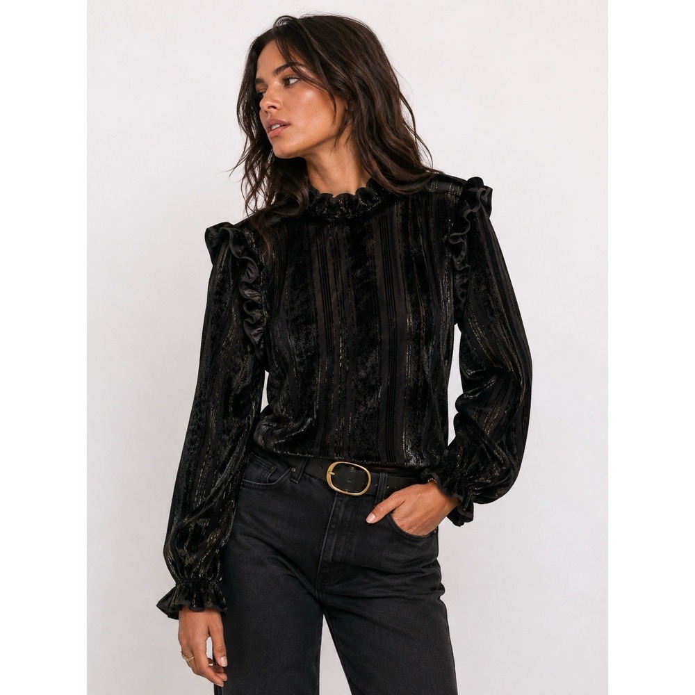 Opening Ceremony Women's Black Velvet Lurex Ruffle Blouse 4 Romantic Whimsigoth